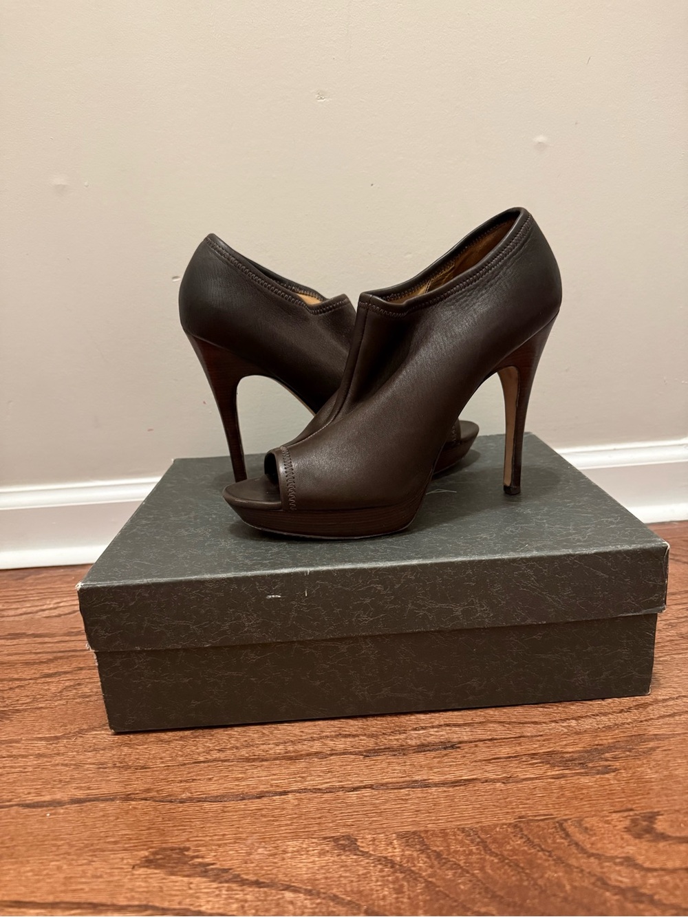 👠 Via Spiga Elvis Brown Stretch Italian Leather Designer Ankle Boots Heels
